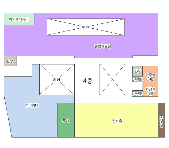 4층 : 야외휴게공간,종합자료실,선비쉼터,무대,선비홀,조정실,화장실