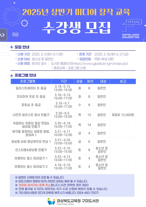 구미도서관, 2025년 상반기 미디어 창작 교육 수강생 모집