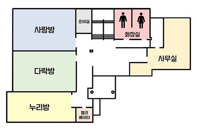 2층 : 사랑방, 다락방, 누리방, 사무실