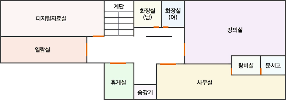 2층 : 디지털자료실, 강의실, 열람실, 휴게실, 사무실